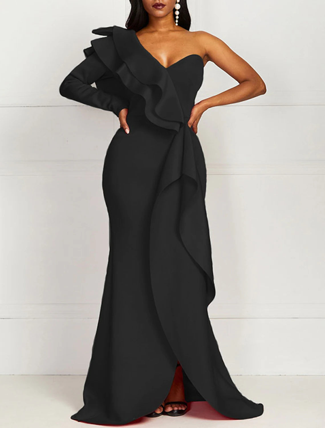 Mermaid / Trumpet Evening Gown Floor Length Long Sleeve One Shoulder with Ruffles Pure Color