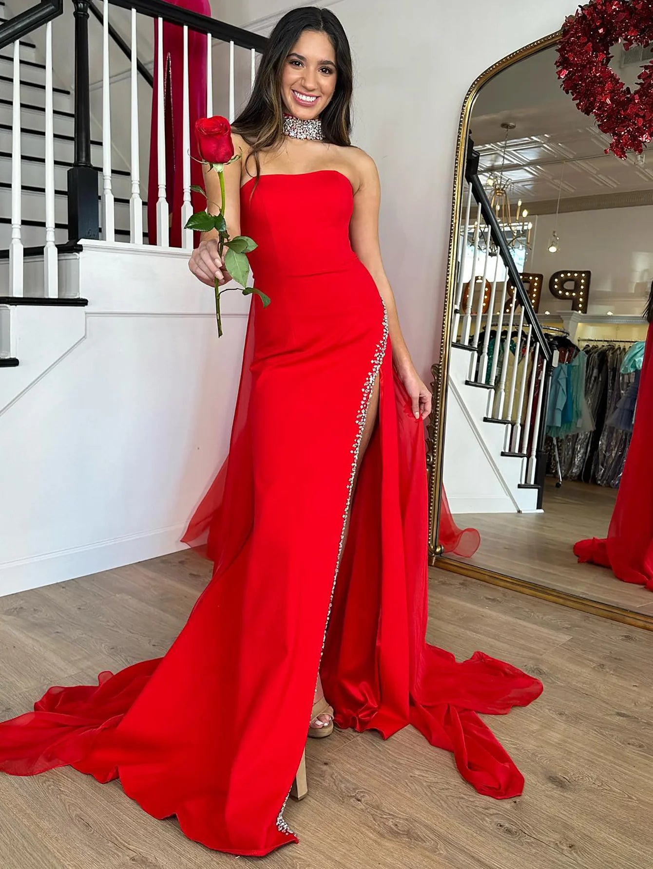 Red Strapless Mermaid Long Prom Dress
