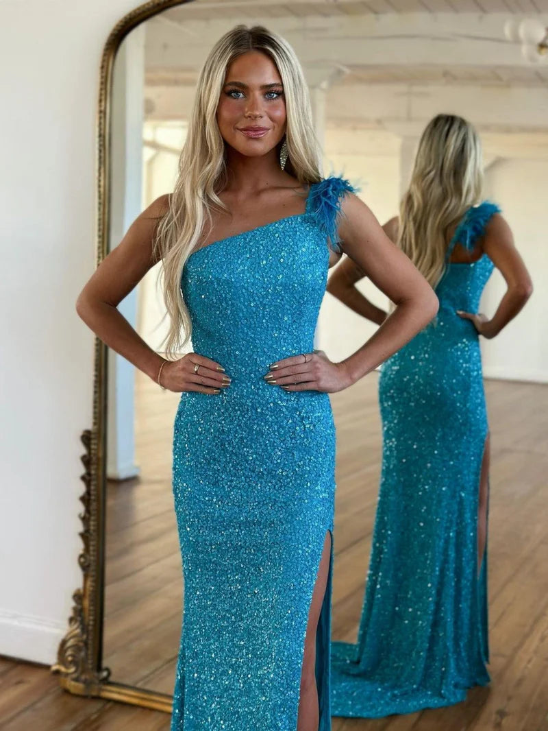 Mermaid One Shoulder Sequins Feather Prom Dress With Slit