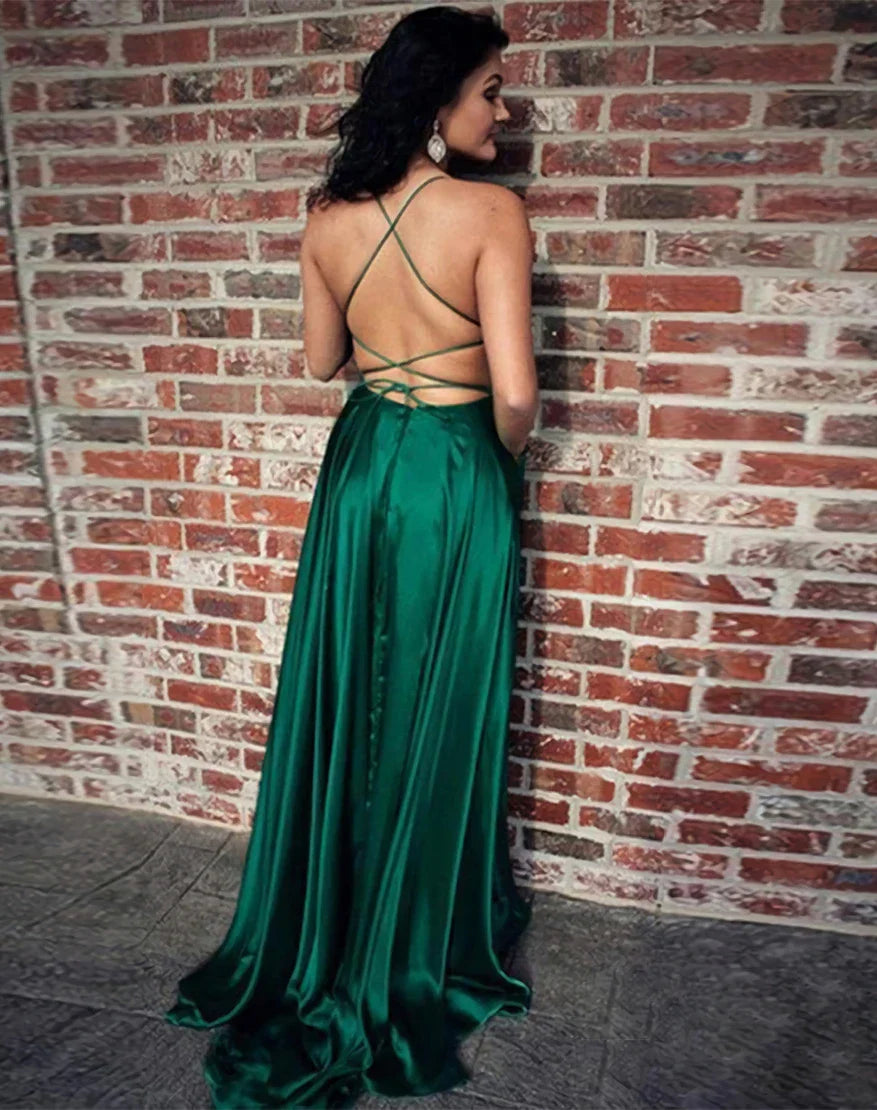 A-Line Satin Prom Dress Backless Evening Dress With Slit
