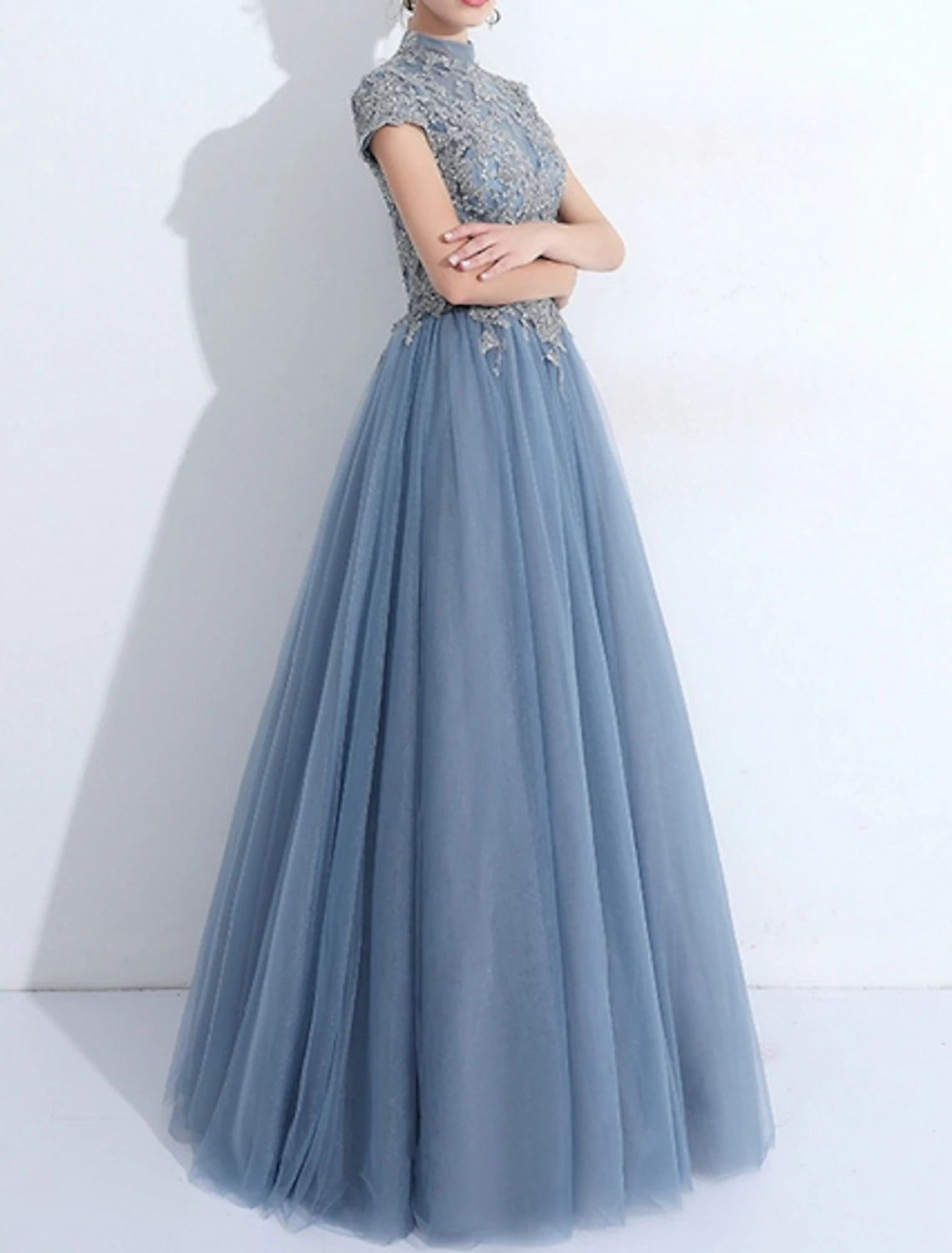 A-Line Evening Gown Prom Dress Quinceanera Floor Length High Neck Tulle with Pleats Appliques