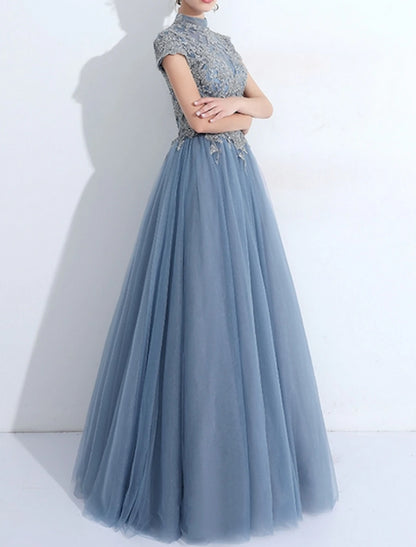 A-Line Evening Gown Prom Dress Quinceanera Floor Length High Neck Tulle with Pleats Appliques