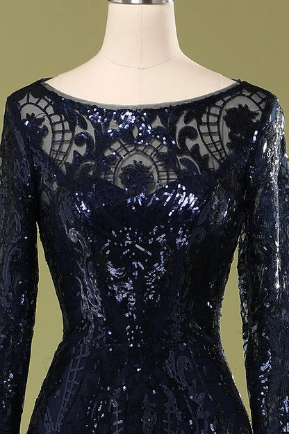 A-Line Navy Long Sleeves Mother Dress Sequins/Sparkling Wedding Guest Dresses