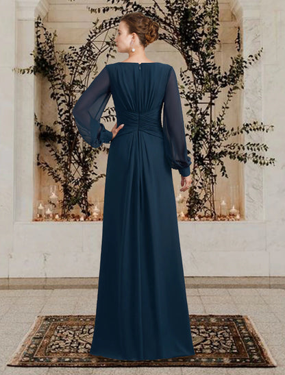 A-Line Mother of the Bride Dress Wedding Guest Elegant V Neck Floor Length Chiffon Long Sleeve with Ruched Ruffles