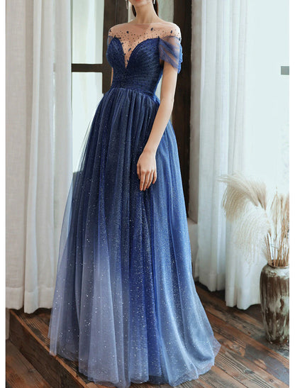 Sheath / Column Sparkle Formal Prom Dress Evening Dress Jewel Neck Floor Length Tulle with Pleats Sequin