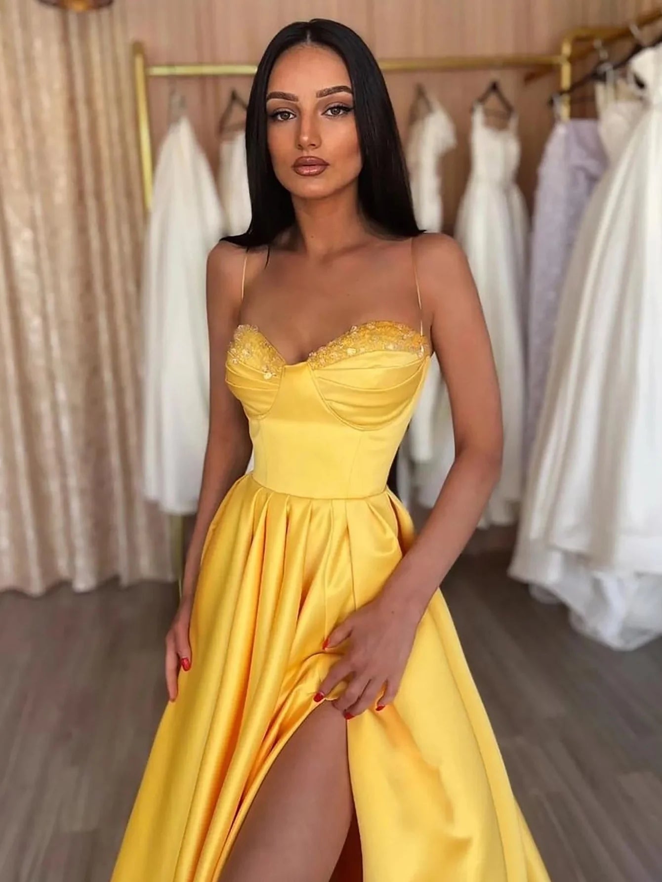 Yellow A-Line Spaghetti Straps Sleeveless Long Prom Dress With Slit