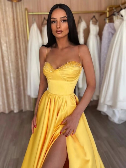 Yellow A-Line Spaghetti Straps Sleeveless Long Prom Dress With Slit