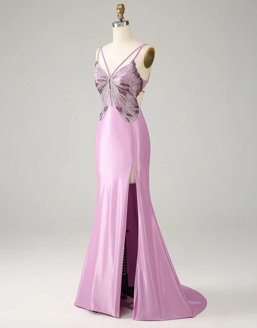 Sequins Purple Mermaid Backless Spaghetti Straps Butterflies Prom Dress
