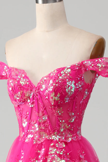 A-Line Off The Shoulder Prom Dress with Sequins Court Train Dresses