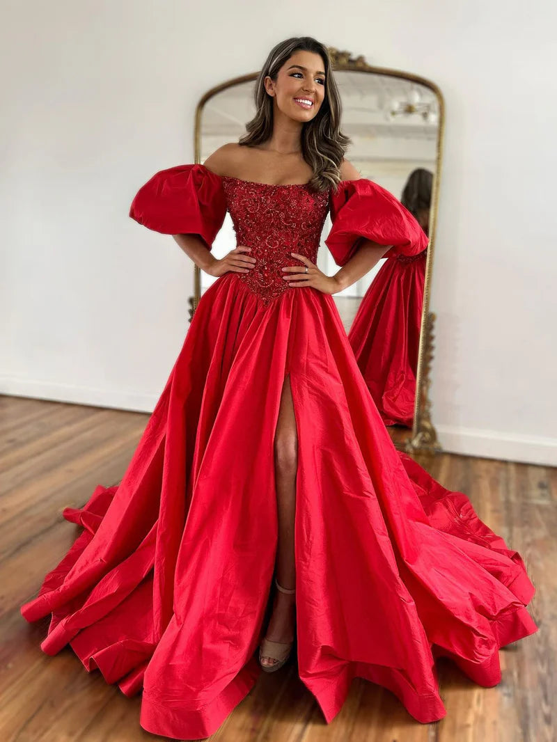 A-Line Off The Shoulder Taffeta Prom Dress Short Puffy Sleeves With Slit