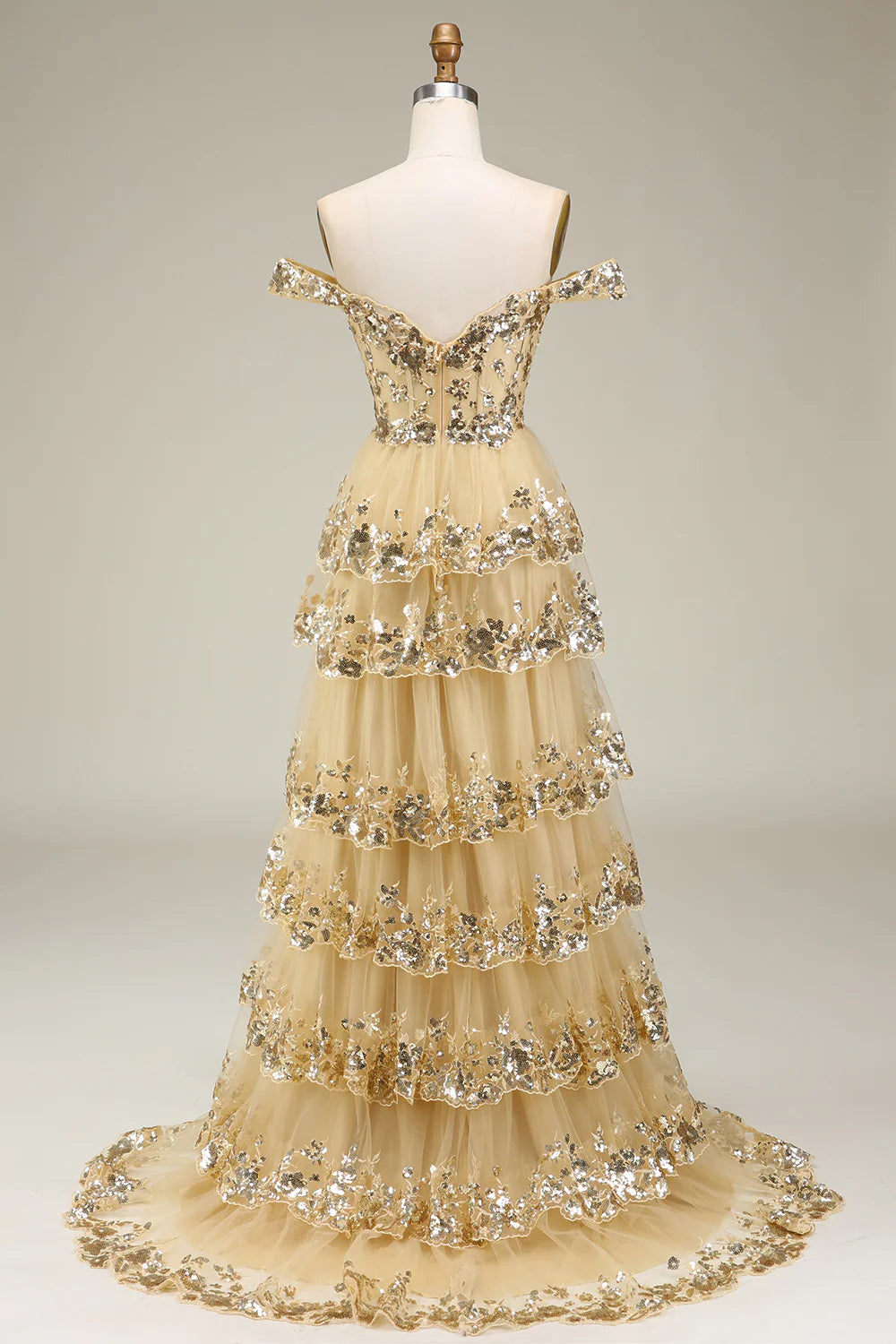 A-Line Off The Shoulder Prom Dress with Sequins Court Train Dresses