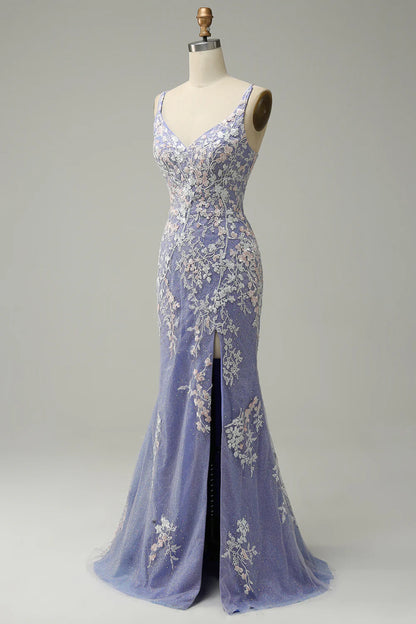 Mermaid V Neck Floor-length Prom Dress Appliques Beading With Slit