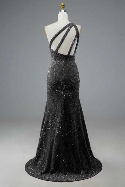 Fuchsia Sequin One-shoulder Long Prom Dress Evening Dresses with Slit