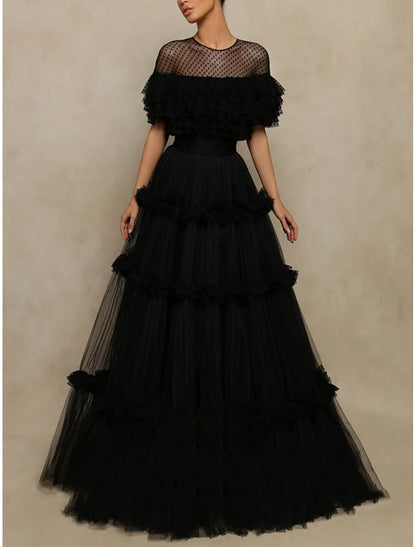 A-Line Prom Dresses Jewel Neck Tulle with Pleats Ruffles