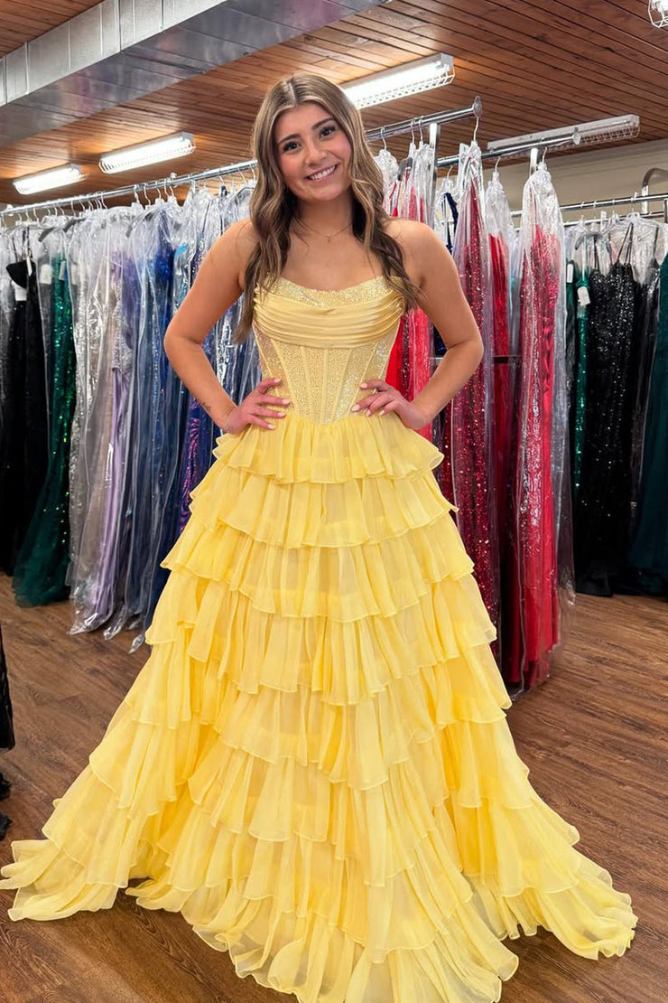 Cute A Line Scoop Neck Yellow Tiered Chiffon Prom Dress with Hot Stone