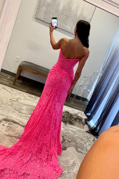Cute Mermaid Scoop Neck Hot Pink Lace Long Prom Dress with Slit