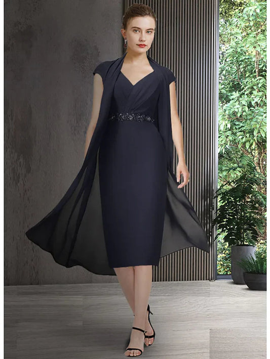 Mother of the Bride Dress Elegant V Neck Knee Length Chiffon Short Sleeve with Sash Ribbon