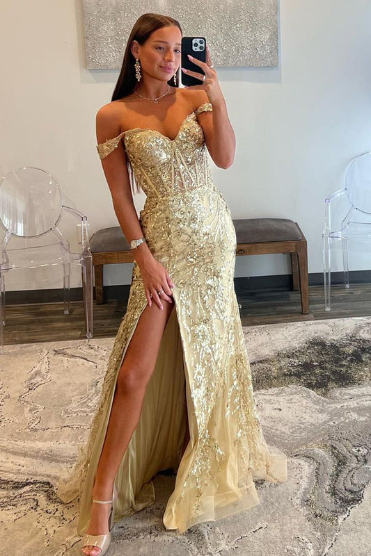 Charming Mermaid Sweetheart Gold Sequins Long Prom Dresses with Slit