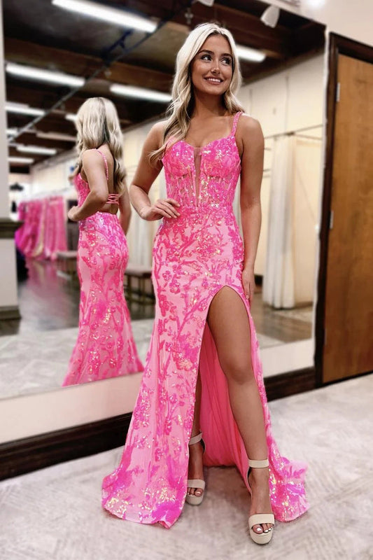 Cute Mermaid V Neck Pink Sequins Long Prom Dress with Slit