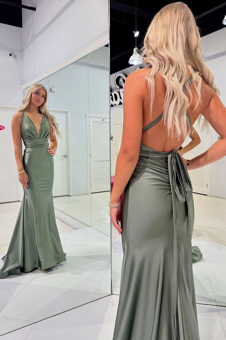 Charming Mermaid V Neck Oilve Green Evening Prom Dresses