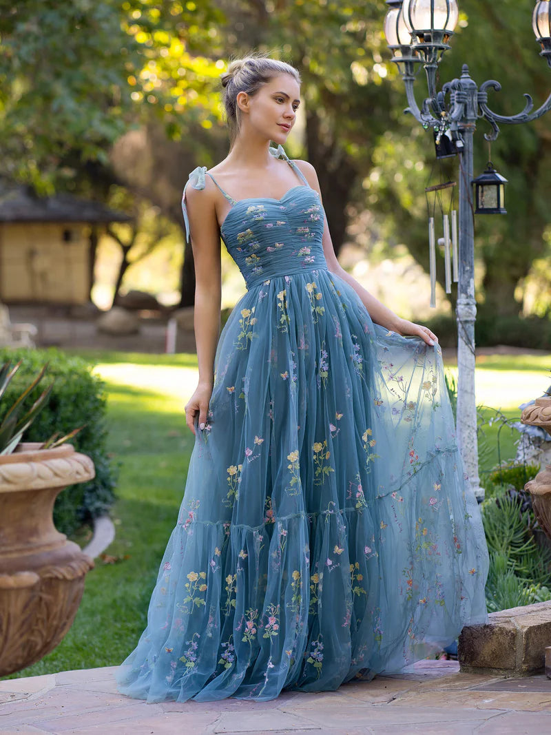 A-Line Sweetheart Neck Prom Dress Floor Length Tulle With Embroidery Floral