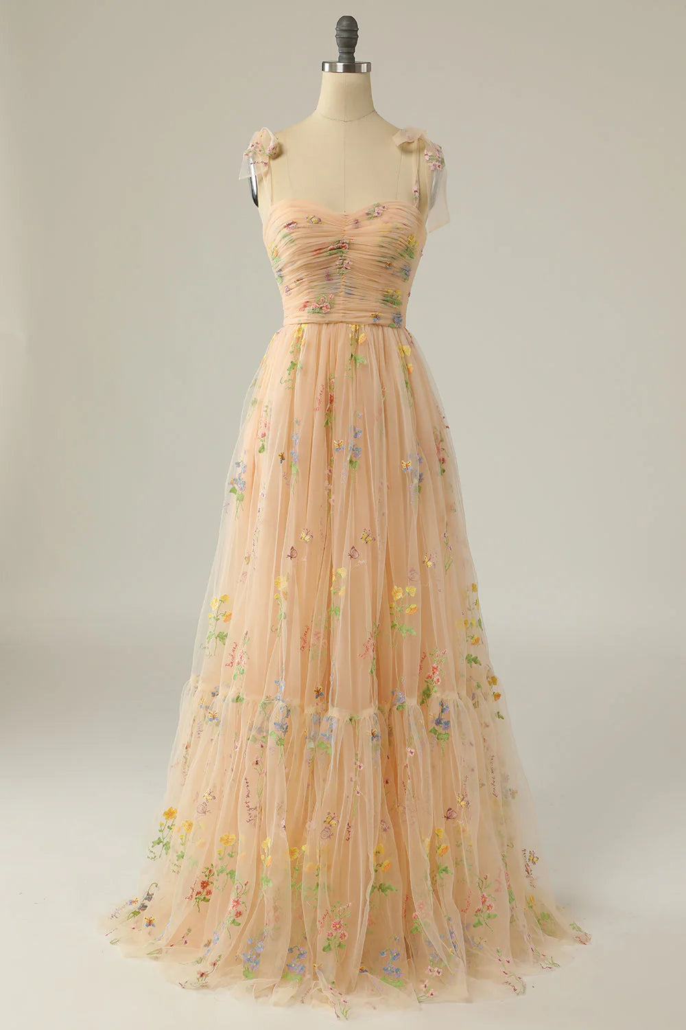 A Line Spaghetti Strap Tulle Prom Dress With Embroidery