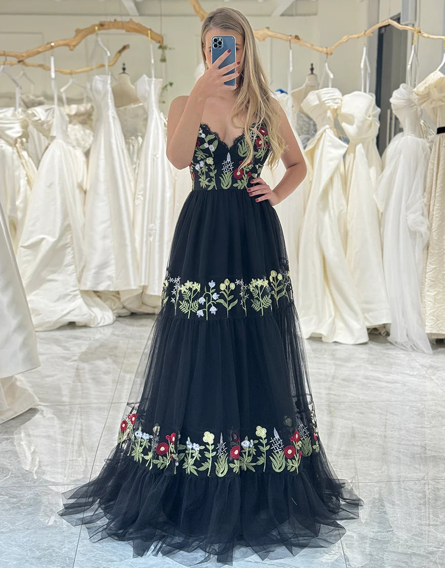 A-Line V-Neck Navy Long Tulle Prom Dress With Embroidery