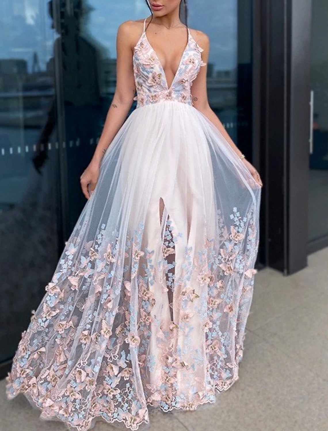 A-Line Evening Gown Floral Dress Floor Length Short Sleeve V Neck Tulle with Draping Appliques