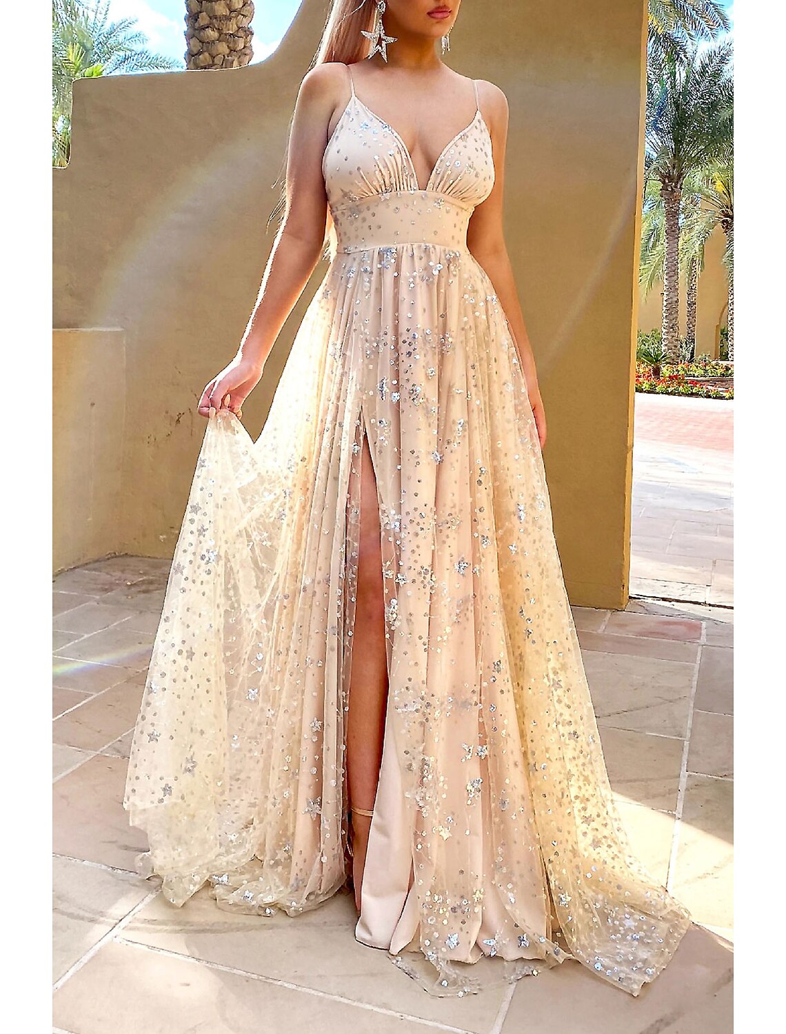 A-Line Prom Dresses Sparkle Sweep / Brush Train Sleeveless V Neck Satin with Pleats Sequin Slit