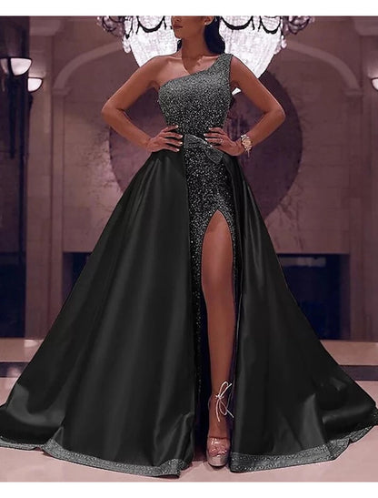 Ball Gown Prom Dresses Sparkle & Shine Dress Evening Party One Shoulder Detachable Satin with Bow(s) Sequin Slit