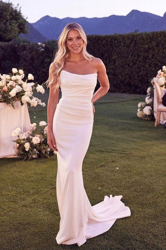 Elegant Mermaid Strapless Elastic Satin Long Wedding Dress with Button