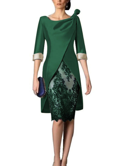 Two Piece Mother of the Bride Dress Wedding Guest Church Vintage Satin Lace 3/4 Length Sleeve Jacket Dresses