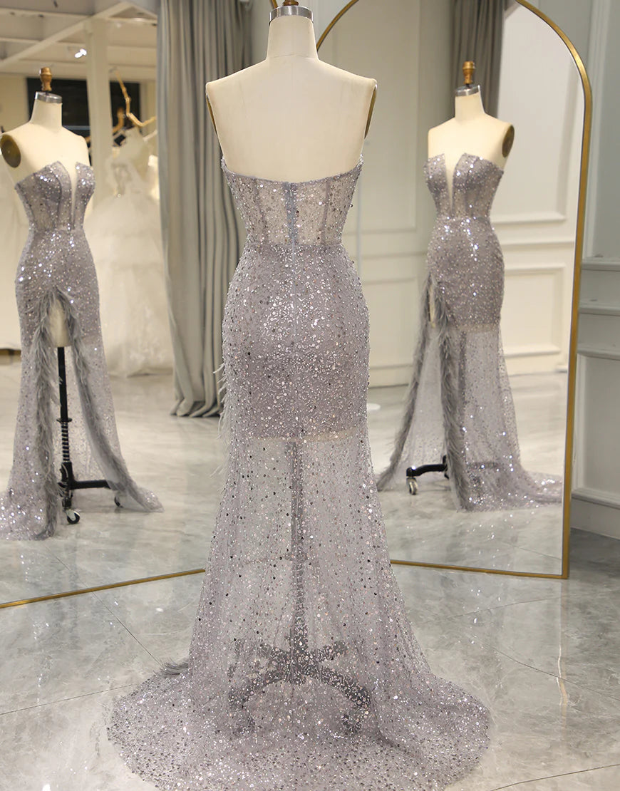 Sparkly Grey Strapless Mermaid Prom Dress Split With Feather