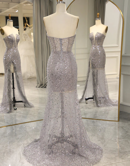 Sparkly Grey Strapless Mermaid Prom Dress Split With Feather