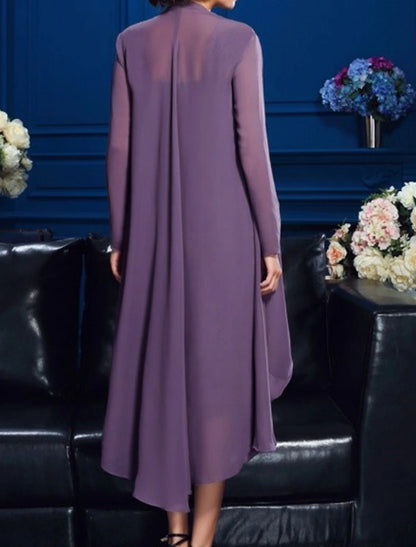 Two Piece Sheath / Column Mother of the Bride Dress Church Elegant Chiffon Lace Long Sleeve Jacket Dresses with Appliques