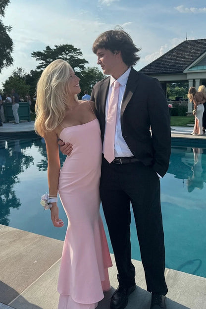 Charming Mermaid Straps Light Pink Elastic Satin Long Prom Dress