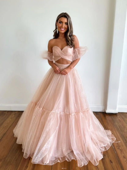 A-Line Two Pieces Tulle Pink Long Prom Dress Evening Dress