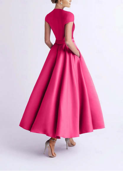 A-Line Wedding Guest Dresses Cocktail Party Tea Length Sleeveless V Neck Pocket Satin with Bow(s