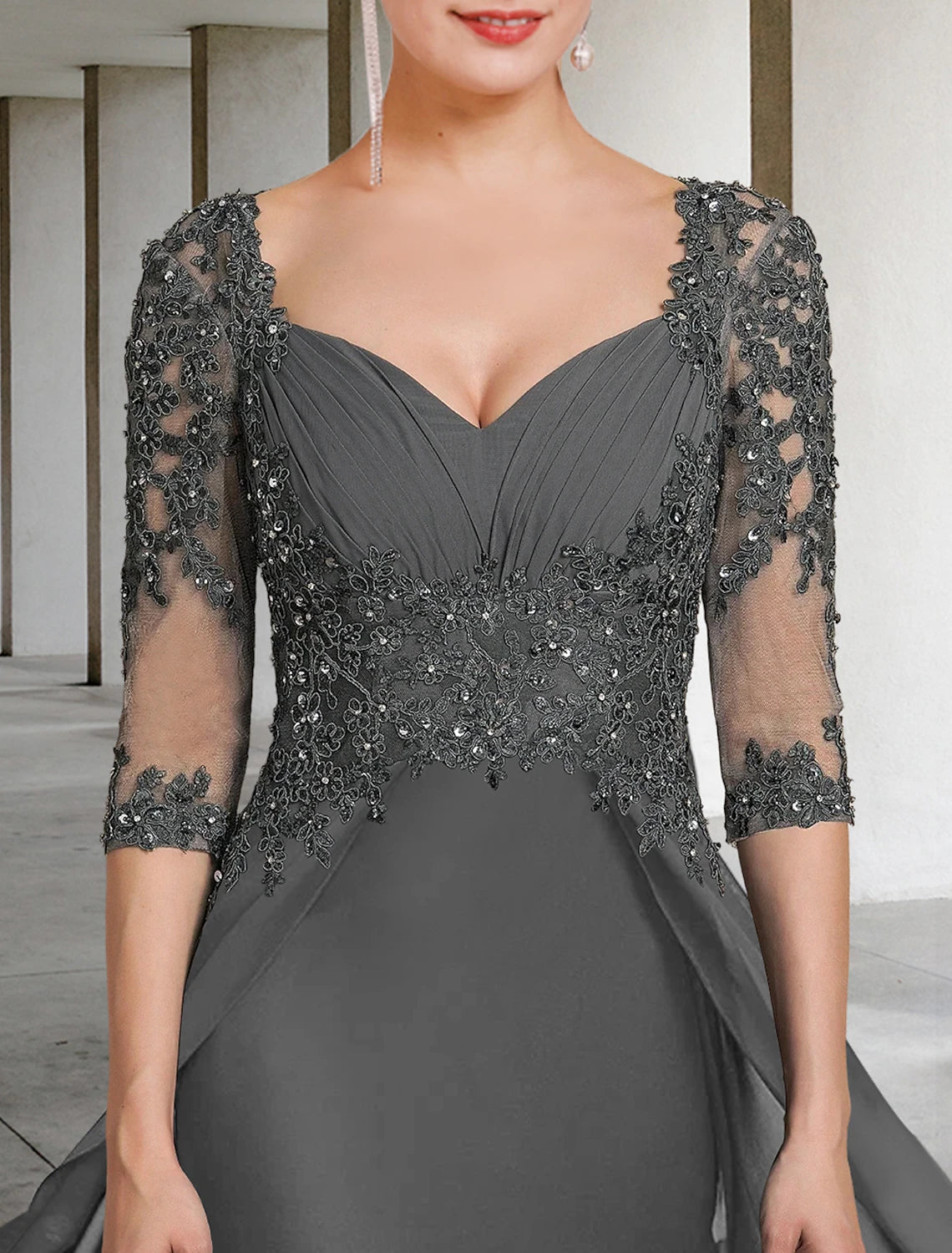 Sheath / Column Mother of the Bride Dress Formal Wedding Guest Party Square Neck Chiffon Lace 3/4 Length Sleeve with Sequin Appliques Ruching