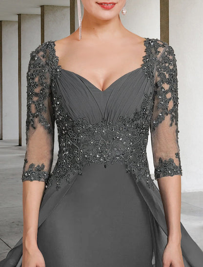 Sheath / Column Mother of the Bride Dress Formal Wedding Guest Party Square Neck Chiffon Lace 3/4 Length Sleeve with Sequin Appliques Ruching