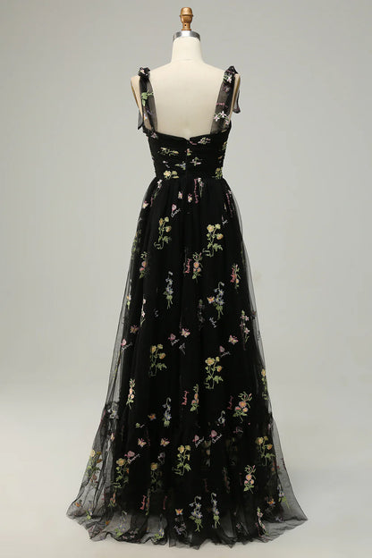 A Line Spaghetti Strap Tulle Prom Dress With Embroidery