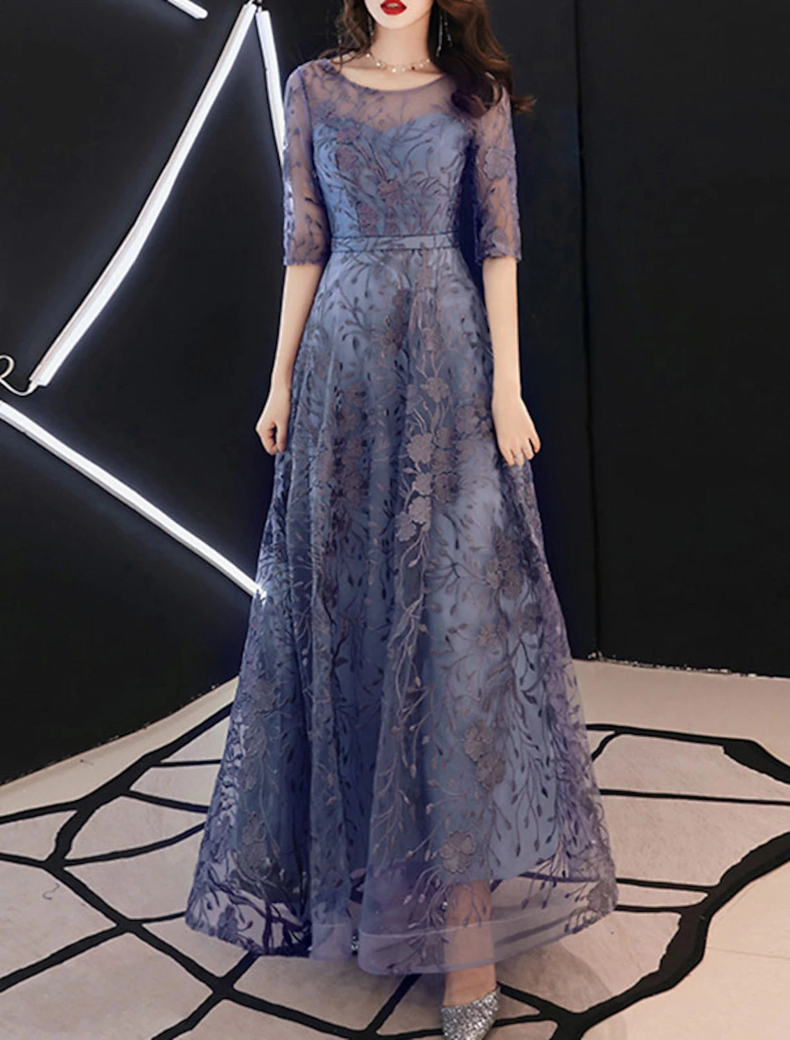 A-Line Evening Gown Wedding Guest Floor Length Half Sleeve Jewel Neck Tulle with Embroidery Pattern / Print