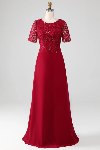 A Line Round Neck Sparkly Sequin Long Mother of Bride Dress With Appliques