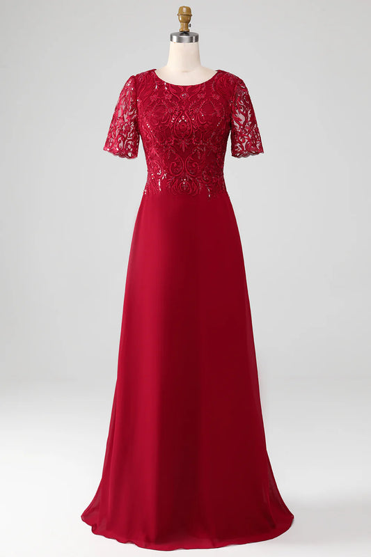 A Line Round Neck Sparkly Sequin Long Mother of Bride Dress With Appliques