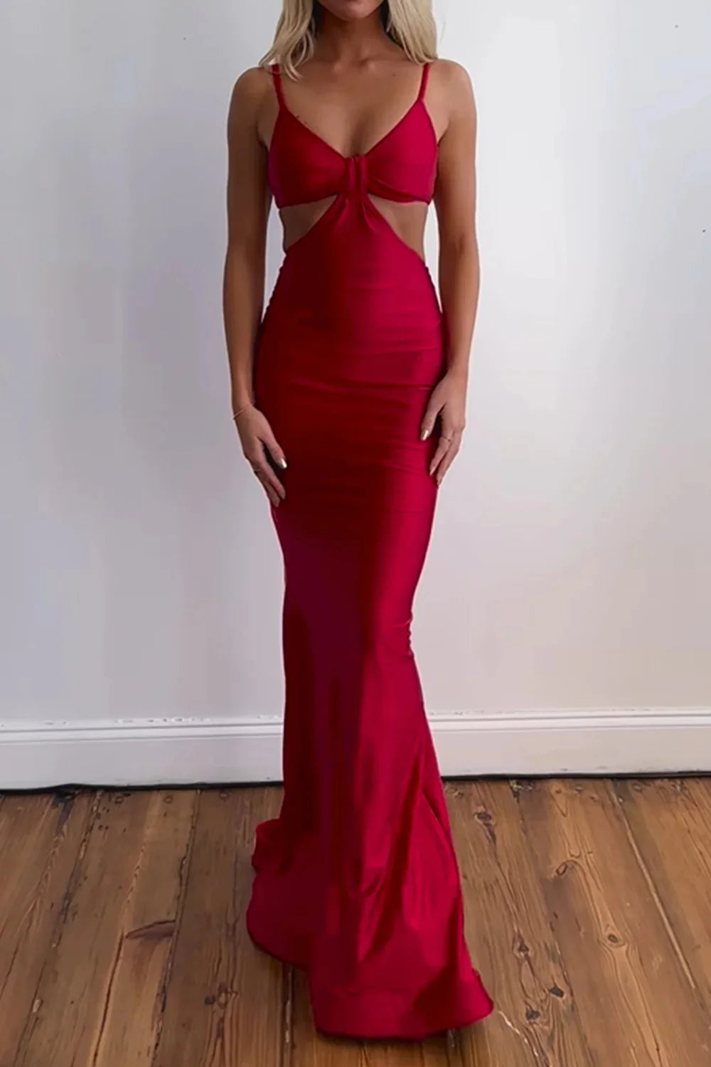 Red Spaghetti Straps Cut Out Long Prom Dress Slip Dress with Slit