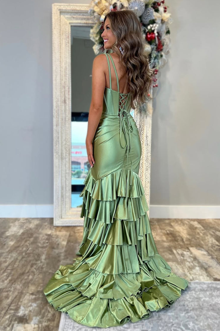 Cute Mermaid V Neck Sage Green Satin Long Prom Dress with Slit