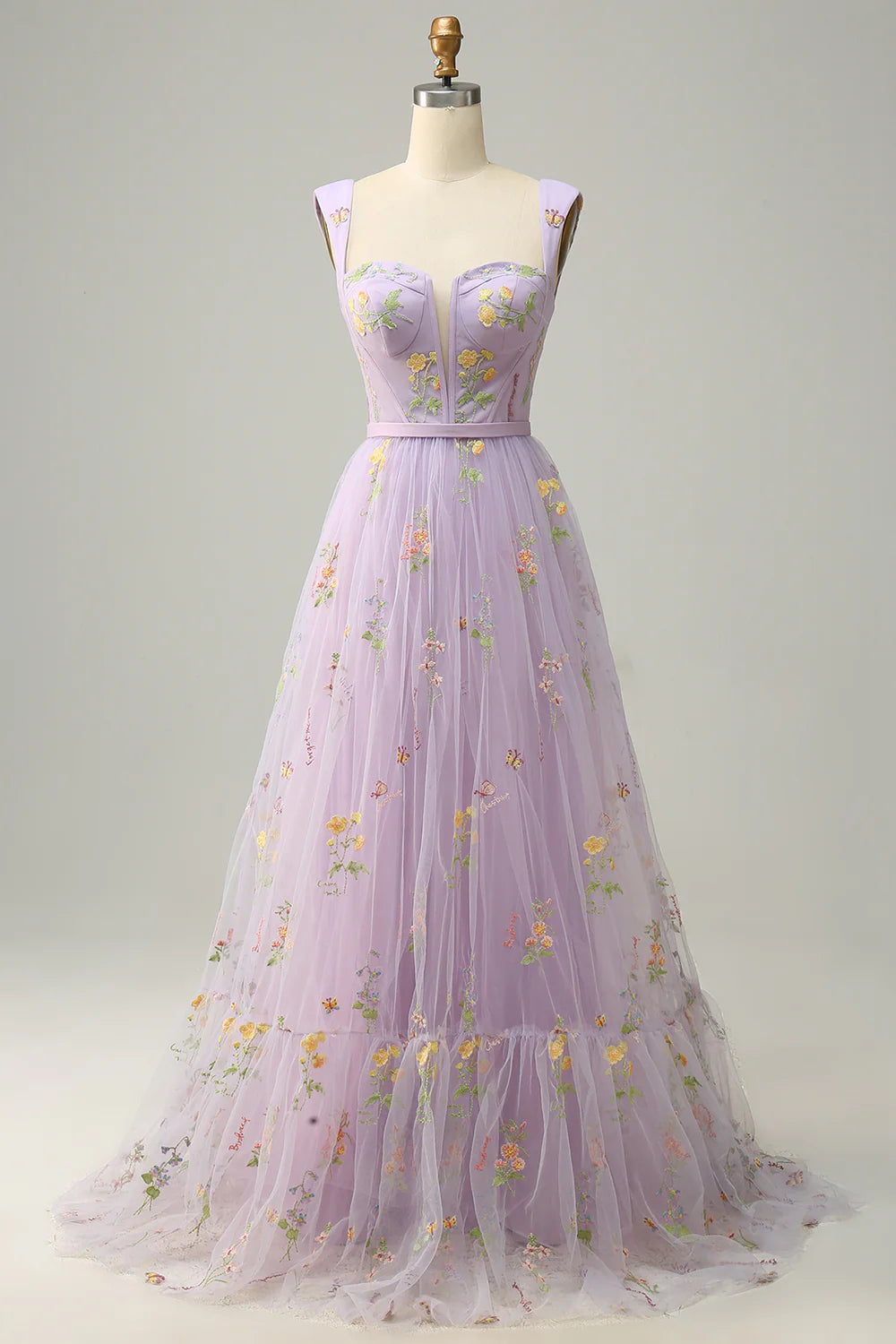 Purple A-Line Princess Floor-length Prom Dress With Embroidery