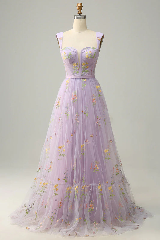 Purple A-Line Princess Floor-length Prom Dress With Embroidery