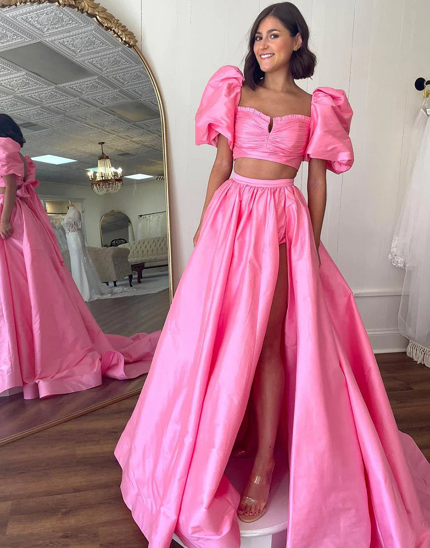 Two Piece A Line Square Bowknot Long Prom Dress With Slit