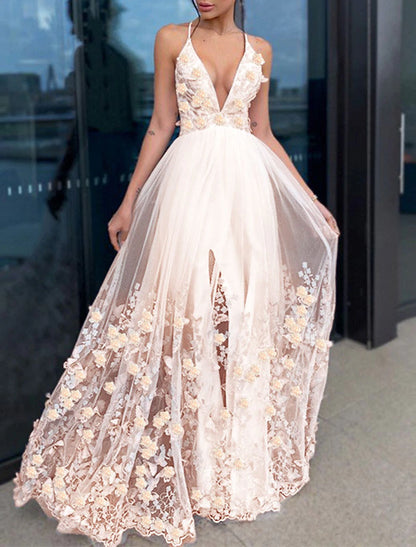 A-Line Evening Gown Floral Dress Floor Length Short Sleeve V Neck Tulle with Draping Appliques